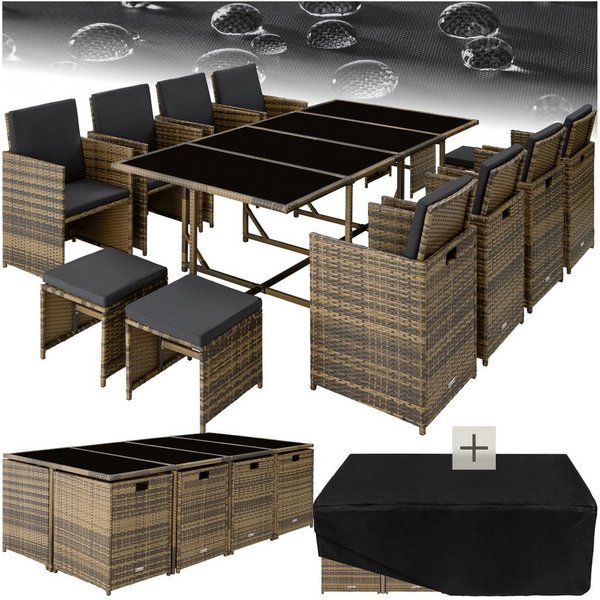 tectake Sitzgruppe Polyrattan Gartengarnitur wetterfest, inkl. Schutzhülle, (Gartenmöbel Set Rattan Palma, 12-tlg., in Natur/dunkelgrau), 20 Polster, abnehmbare