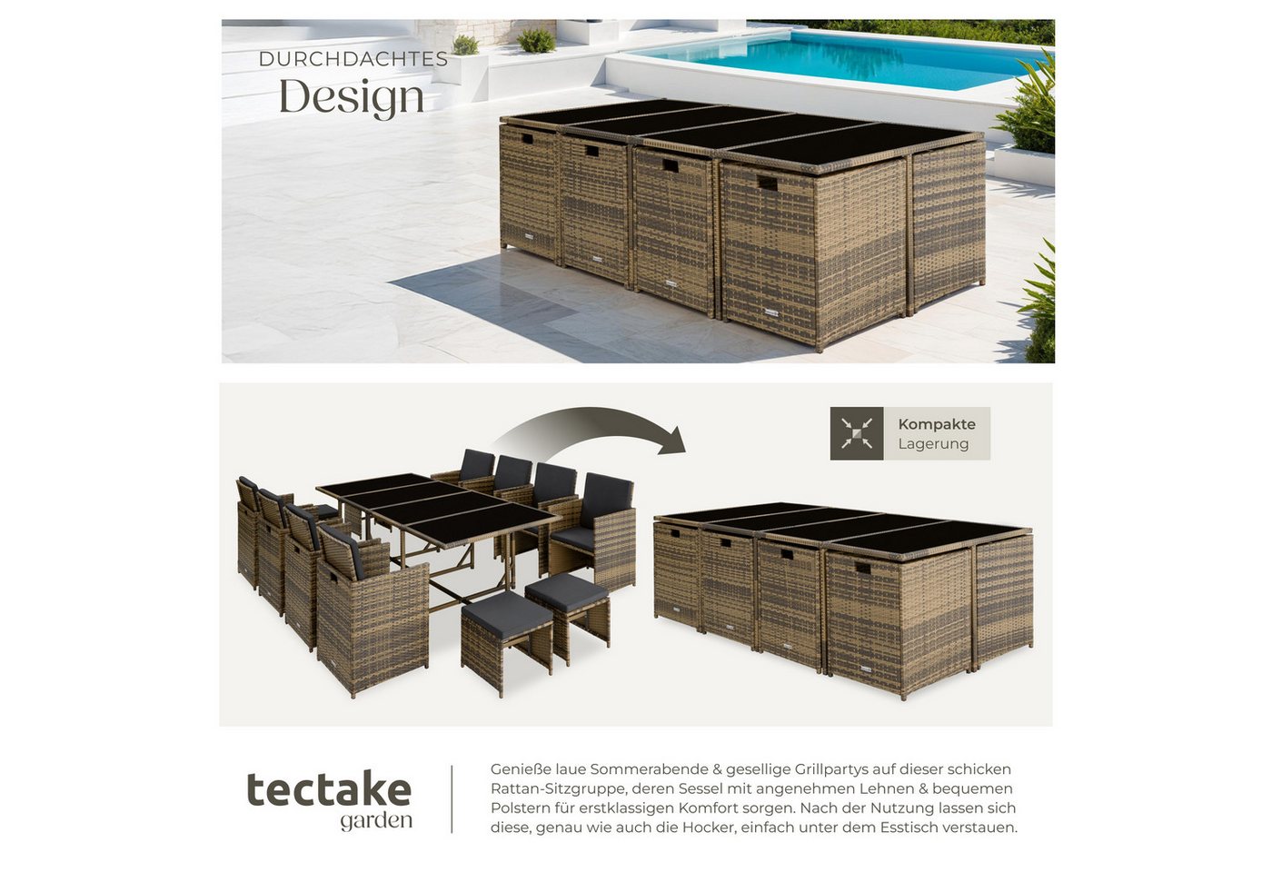 tectake Sitzgruppe Polyrattan Gartengarnitur wetterfest, inkl. Schutzhülle, (Gartenmöbel Set Rattan Palma, 12-tlg., in Natur/dunkelgrau), 20 Polster, abnehmbare – Bild 4 von 5