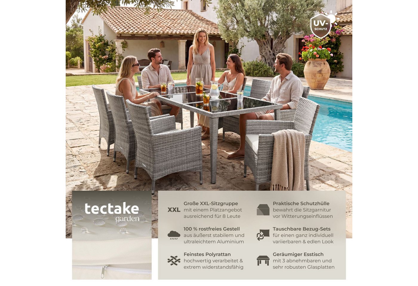 tectake Sitzgruppe Polyrattan Gartengarnitur wetterfest inkl. Schutzhülle für 8, (Outdoor Lounge Set Menorca, 9-tlg., in Hellgrau), 2 Bezugssets, Sicherheitsgla – Bild 2 von 5