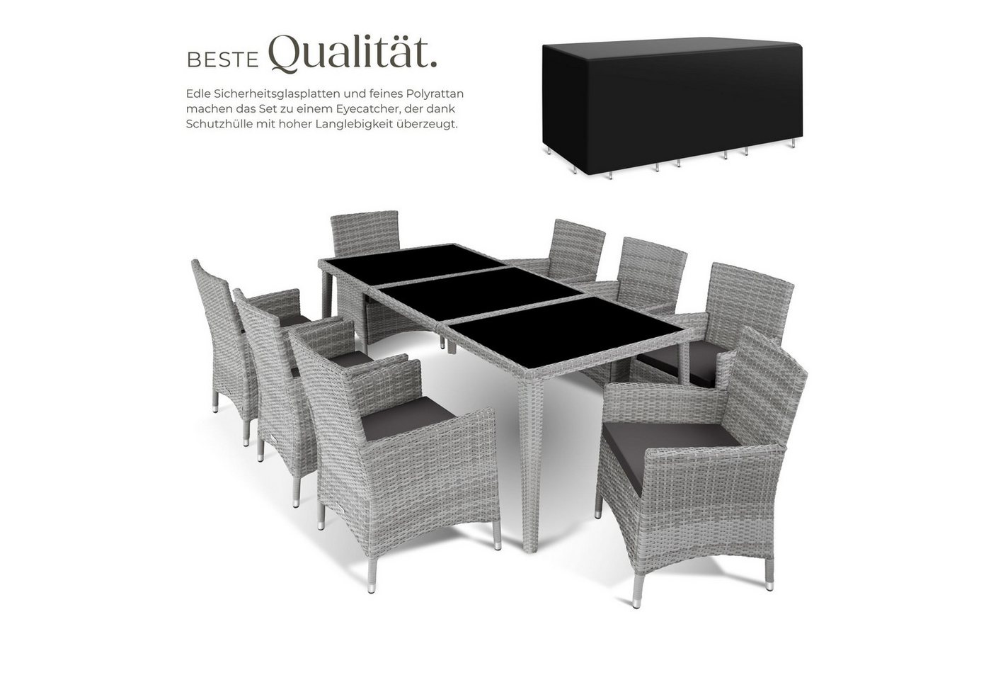tectake Sitzgruppe Polyrattan Gartengarnitur wetterfest inkl. Schutzhülle für 8, (Outdoor Lounge Set Menorca, 9-tlg., in Hellgrau), 2 Bezugssets, Sicherheitsgla – Bild 3 von 5