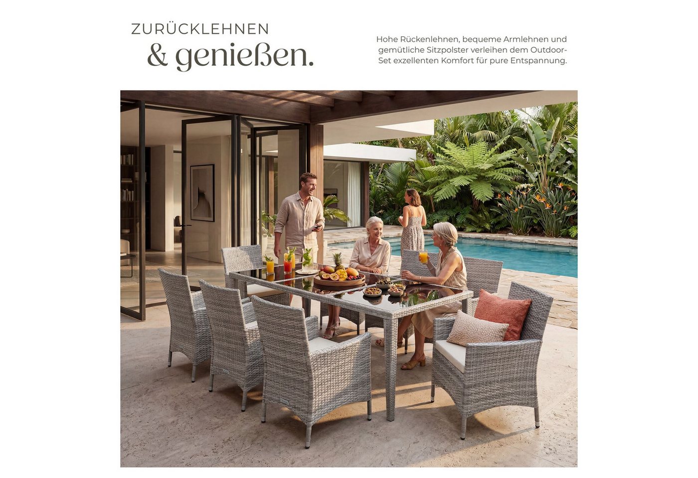 tectake Sitzgruppe Polyrattan Gartengarnitur wetterfest inkl. Schutzhülle für 8, (Outdoor Lounge Set Menorca, 9-tlg., in Hellgrau), 2 Bezugssets, Sicherheitsgla – Bild 4 von 5