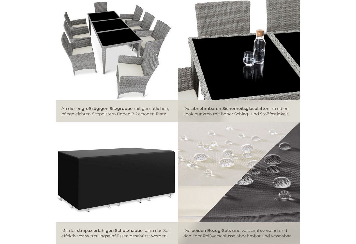 tectake Sitzgruppe Polyrattan Gartengarnitur wetterfest inkl. Schutzhülle für 8, (Outdoor Lounge Set Menorca, 9-tlg., in Hellgrau), 2 Bezugssets, Sicherheitsgla – Bild 5 von 5