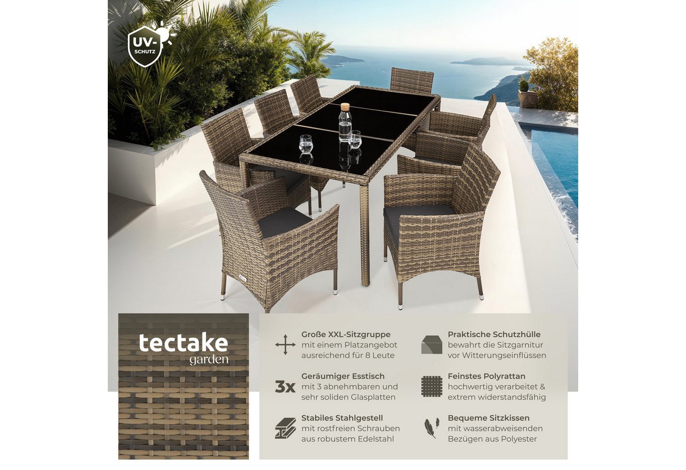 tectake Sitzgruppe Rattan Garnitur Almansa mit Schutz und Polstern, (Rattan lounge set almansa, 9-tlg., in natur/dunkelgrau), UV-beständig und pflegeleicht – Bild 2 von 5