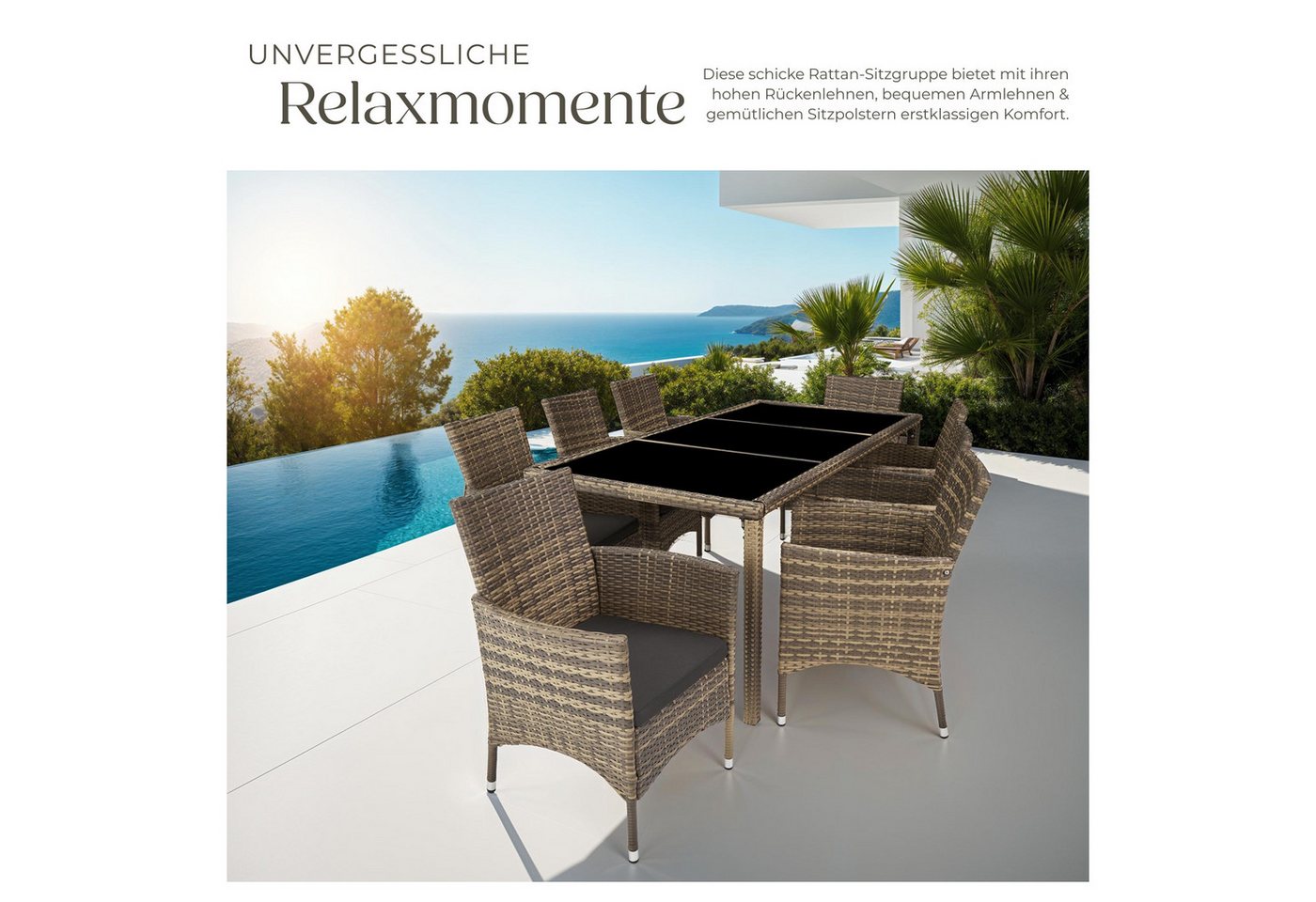 tectake Sitzgruppe Rattan Garnitur Almansa mit Schutz und Polstern, (Rattan lounge set almansa, 9-tlg., in natur/dunkelgrau), UV-beständig und pflegeleicht – Bild 4 von 5