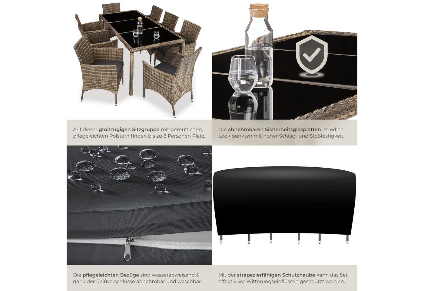 tectake Sitzgruppe Rattan Garnitur Almansa mit Schutz und Polstern, (Rattan lounge set almansa, 9-tlg., in natur/dunkelgrau), UV-beständig und pflegeleicht – Bild 5 von 5