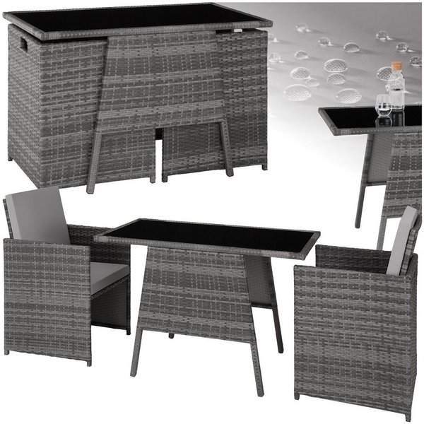 tectake Sitzgruppe Rattan Gartenlounge für 2 Personen, zusammenschiebbar, (Loungeset Lausanne, 3-tlg., für Außen in Grau), widerstandsfähig, UV-beständig, mit S