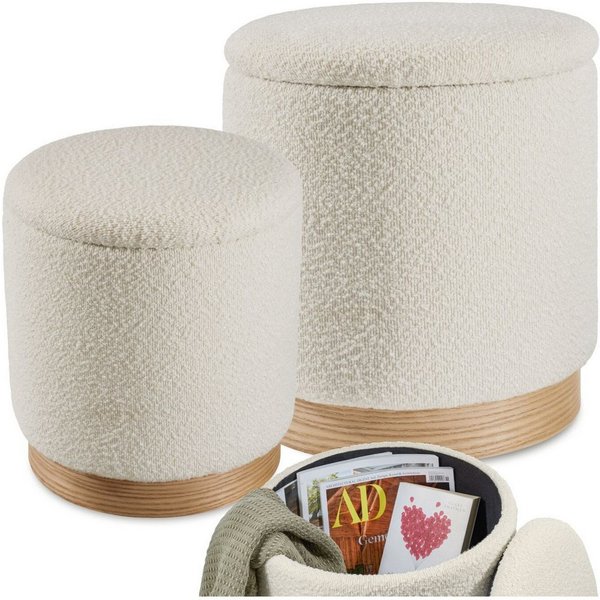tectake Sitzhocker 2er Set runder hocker mit Stauraum, Belastbarkeit je 120 kg (Hocker mit Stauraum Orchide, mit Bouclé-Bezug in creme), großer Hocker 38 x 42 c