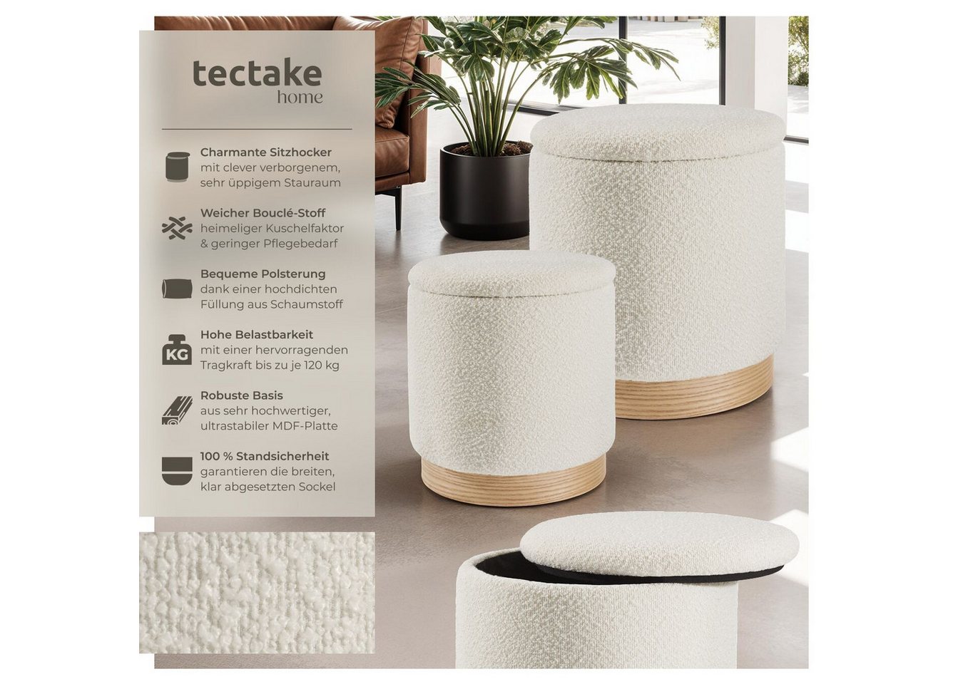 tectake Sitzhocker 2er Set runder hocker mit Stauraum, Belastbarkeit je 120 kg (Hocker mit Stauraum Orchide, mit Bouclé-Bezug in creme), großer Hocker 38 x 42 c – Bild 2 von 5