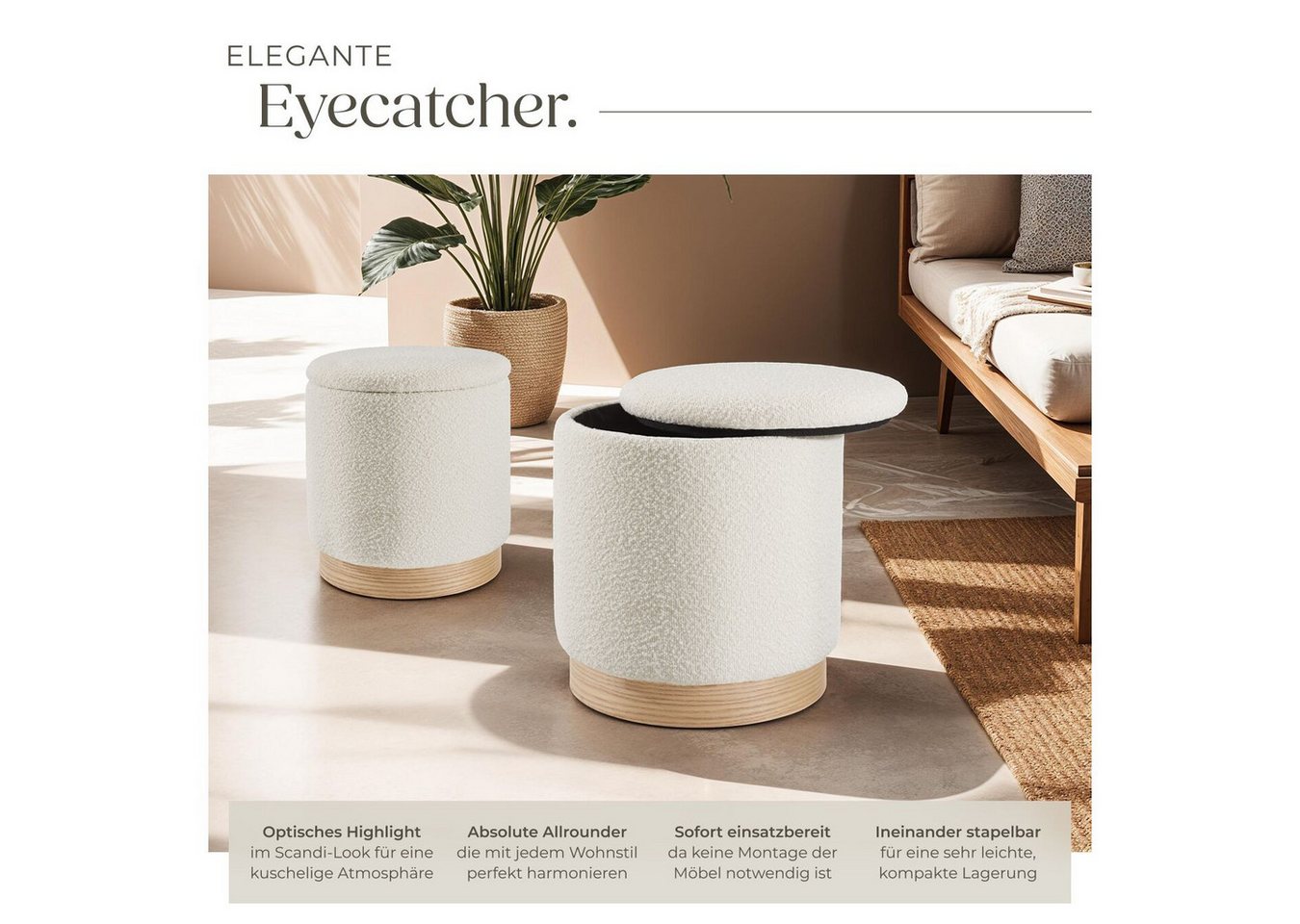 tectake Sitzhocker 2er Set runder hocker mit Stauraum, Belastbarkeit je 120 kg (Hocker mit Stauraum Orchide, mit Bouclé-Bezug in creme), großer Hocker 38 x 42 c – Bild 3 von 5