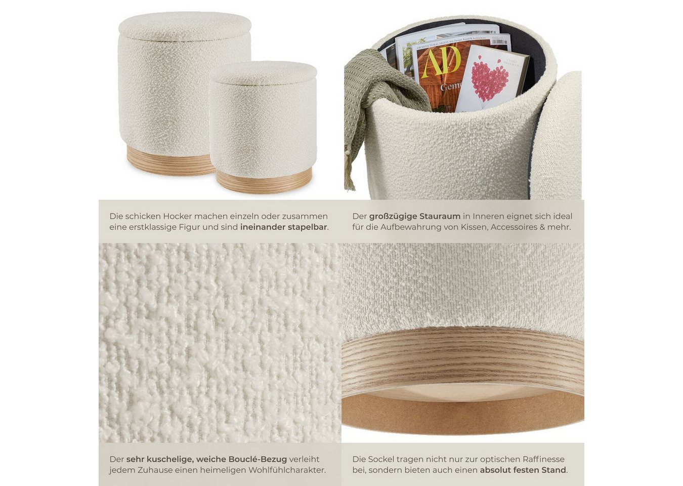 tectake Sitzhocker 2er Set runder hocker mit Stauraum, Belastbarkeit je 120 kg (Hocker mit Stauraum Orchide, mit Bouclé-Bezug in creme), großer Hocker 38 x 42 c – Bild 4 von 5