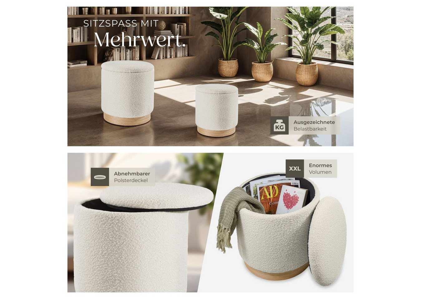 tectake Sitzhocker 2er Set runder hocker mit Stauraum, Belastbarkeit je 120 kg (Hocker mit Stauraum Orchide, mit Bouclé-Bezug in creme), großer Hocker 38 x 42 c – Bild 5 von 5