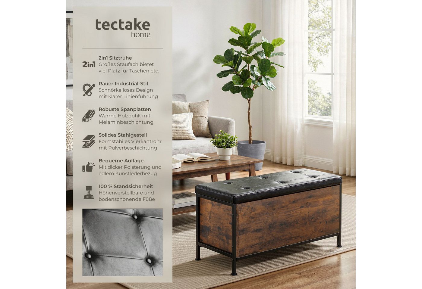 tectake Sitzhocker gepolsterte Sitztruhe, Kunstlederbezug, 81,5 x 41,5 x 50,5 cm (Sitzbank mit Stauraum Calico, in Industrial Holz dunkel, rustikal), großer Sta – Bild 2 von 5