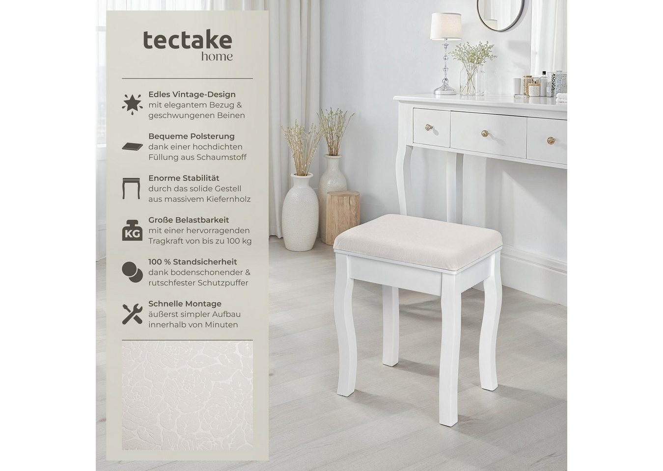 tectake Sitzhocker gepolsterter Schminkhocker, Belastbarkeit 100 kg, 40 x 30 x 51 cm (Frisierhocker, Vintage in weiß), mit Massivholzbeinen, Kunstlederbezug mit – Bild 2 von 5