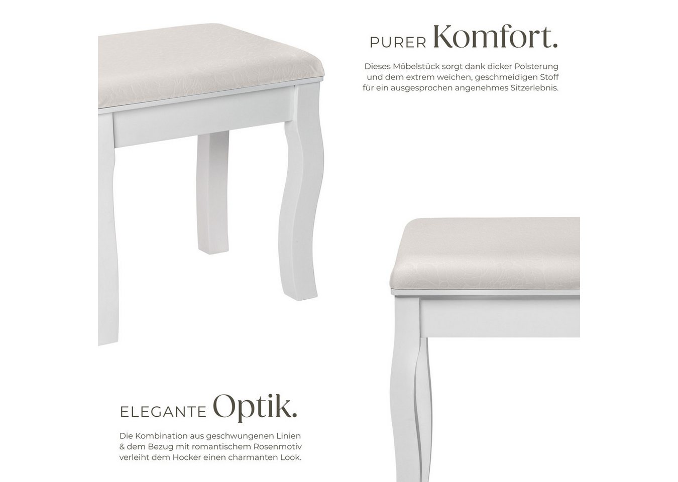 tectake Sitzhocker gepolsterter Schminkhocker, Belastbarkeit 100 kg, 40 x 30 x 51 cm (Frisierhocker, Vintage in weiß), mit Massivholzbeinen, Kunstlederbezug mit – Bild 3 von 5