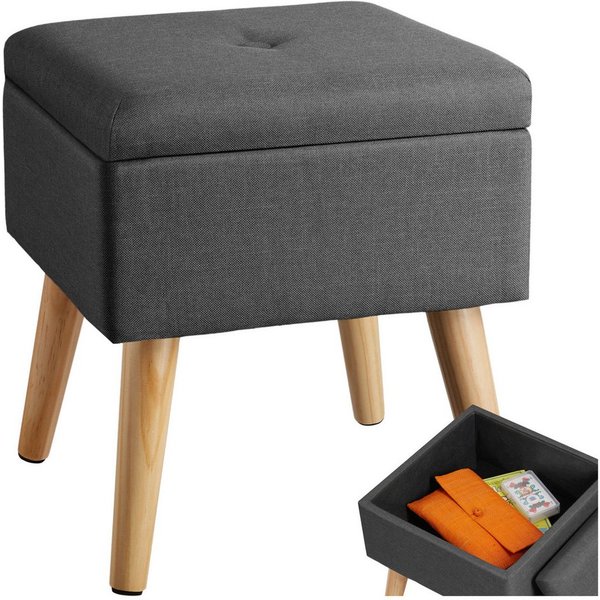 tectake Sitzhocker Hocker mit Stauraum in Leinenoptik, 32,5 x 32,5 x 36,5 cm (Sitzhocker gepolstert in Leinenoptik Elva, in dunkelgrau), quadratisch, gepolstert