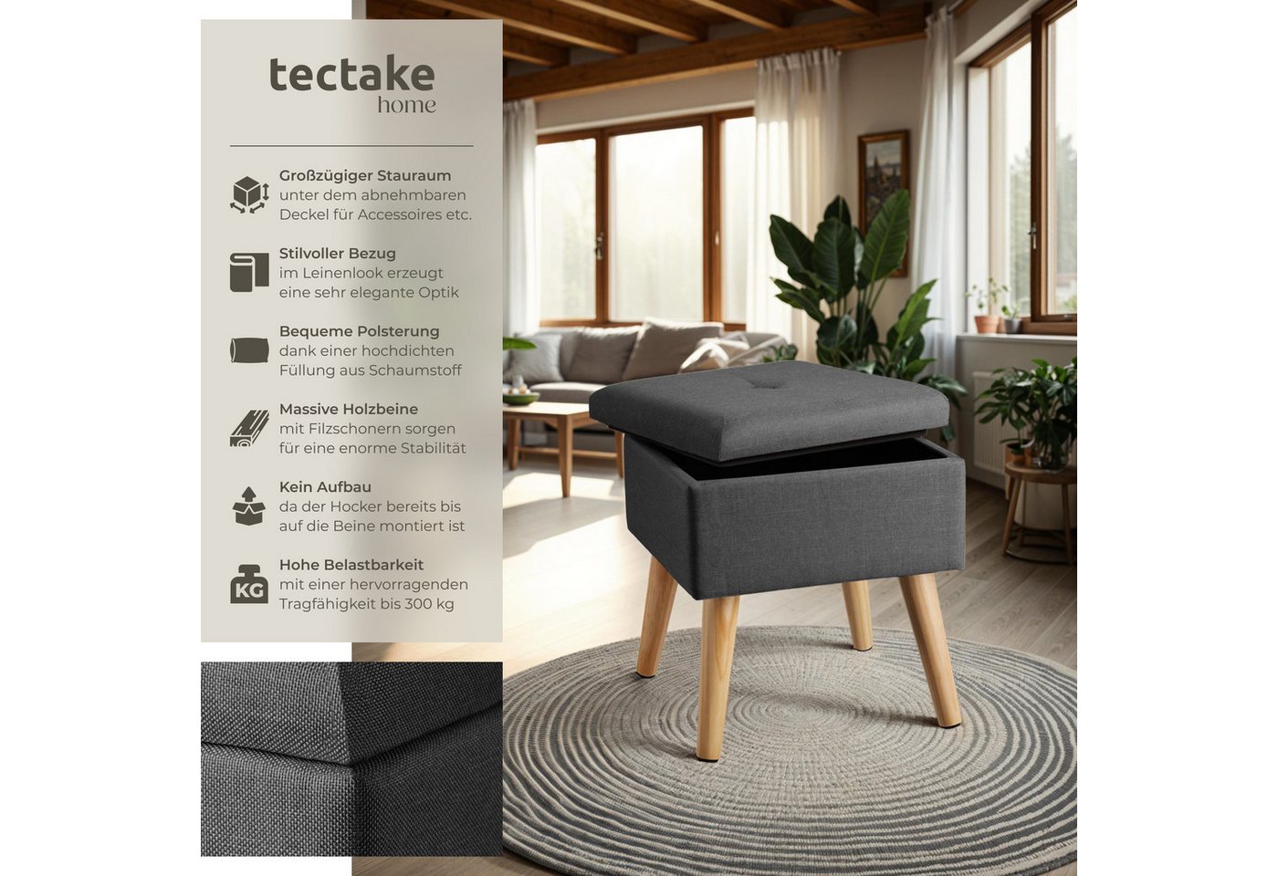tectake Sitzhocker Hocker mit Stauraum in Leinenoptik, 32,5 x 32,5 x 36,5 cm (Sitzhocker gepolstert in Leinenoptik Elva, in dunkelgrau), quadratisch, gepolstert – Bild 2 von 5