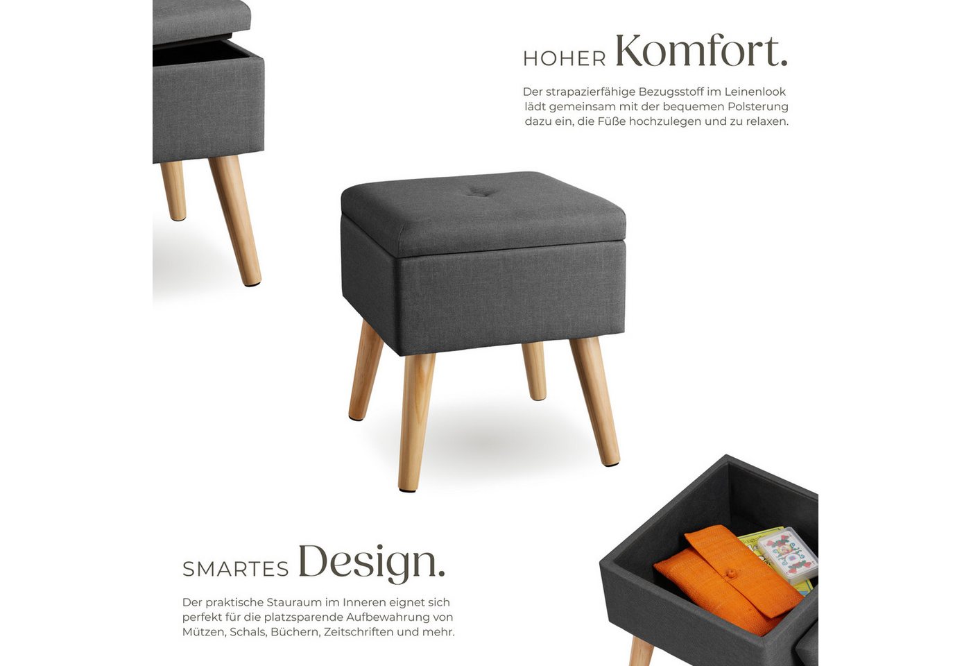 tectake Sitzhocker Hocker mit Stauraum in Leinenoptik, 32,5 x 32,5 x 36,5 cm (Sitzhocker gepolstert in Leinenoptik Elva, in dunkelgrau), quadratisch, gepolstert – Bild 3 von 5