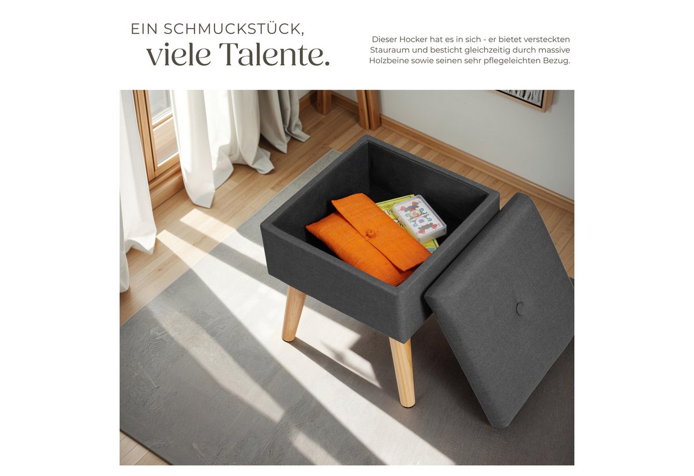 tectake Sitzhocker Hocker mit Stauraum in Leinenoptik, 32,5 x 32,5 x 36,5 cm (Sitzhocker gepolstert in Leinenoptik Elva, in dunkelgrau), quadratisch, gepolstert – Bild 4 von 5