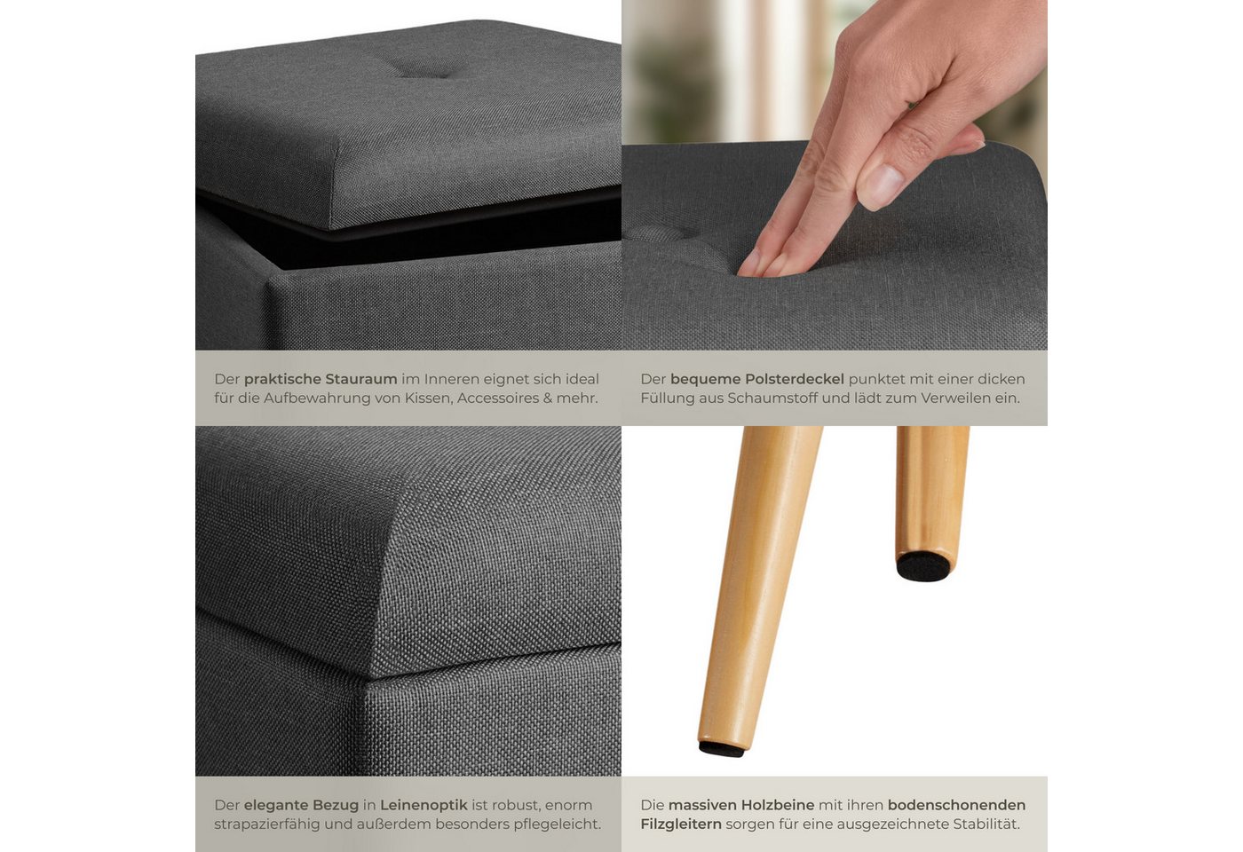 tectake Sitzhocker Hocker mit Stauraum in Leinenoptik, 32,5 x 32,5 x 36,5 cm (Sitzhocker gepolstert in Leinenoptik Elva, in dunkelgrau), quadratisch, gepolstert – Bild 5 von 5