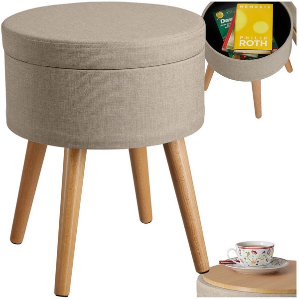 tectake Sitzhocker Hocker mit Stauraum in Leinenoptik, 42,5 x 42,5 x 45,5 cm (Gepolsterter Sitzhocker in Leinenoptik Yara, in Sand), rund, gepolstert, Belastbar