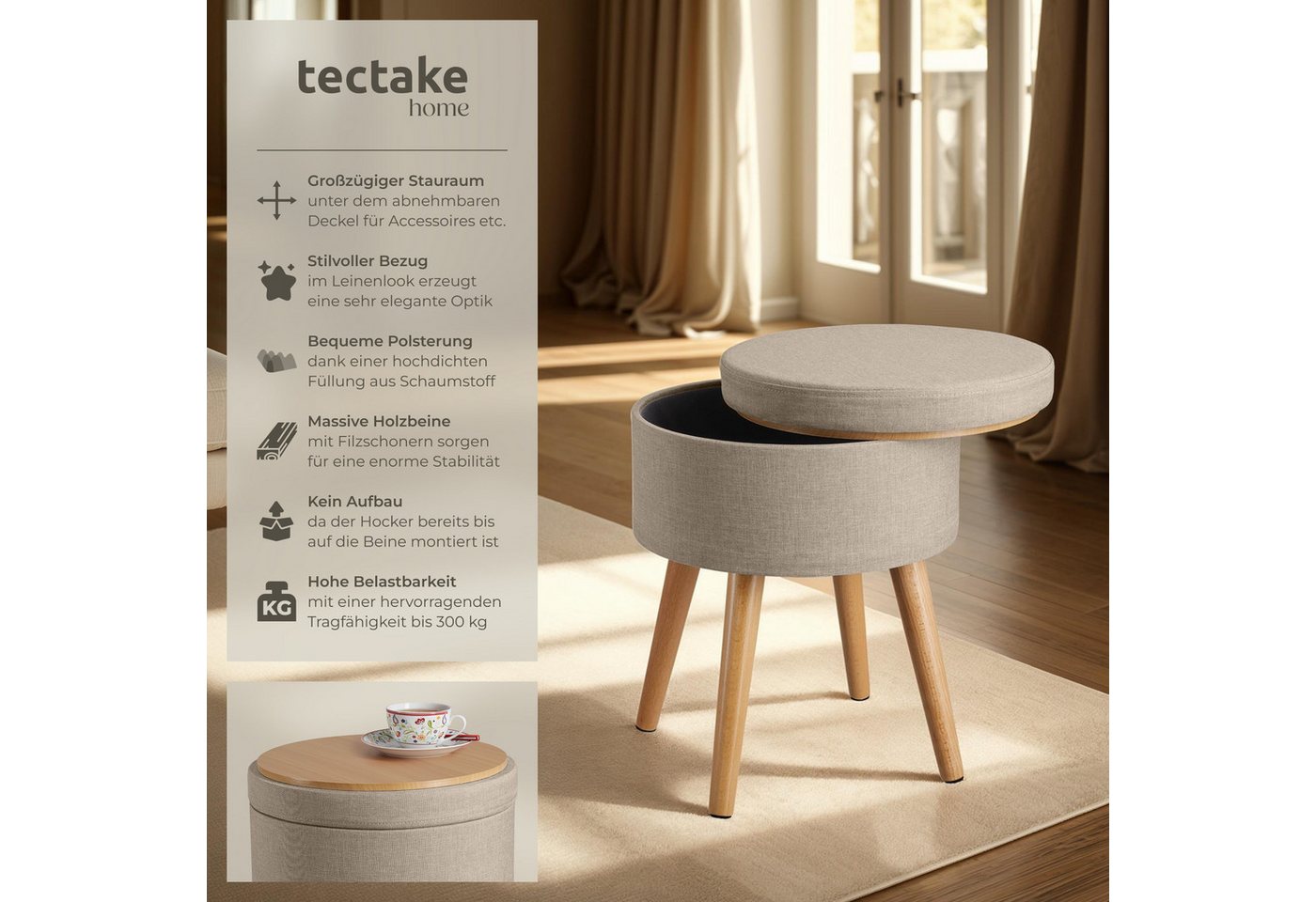 tectake Sitzhocker Hocker mit Stauraum in Leinenoptik, 42,5 x 42,5 x 45,5 cm (Gepolsterter Sitzhocker in Leinenoptik Yara, in Sand), rund, gepolstert, Belastbar – Bild 2 von 5