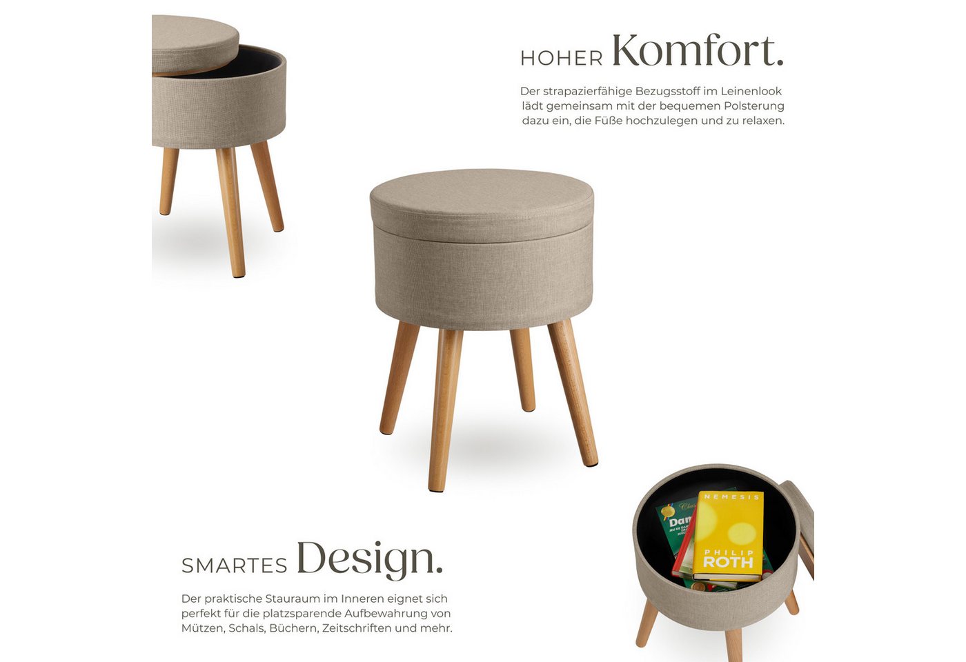 tectake Sitzhocker Hocker mit Stauraum in Leinenoptik, 42,5 x 42,5 x 45,5 cm (Gepolsterter Sitzhocker in Leinenoptik Yara, in Sand), rund, gepolstert, Belastbar – Bild 3 von 5