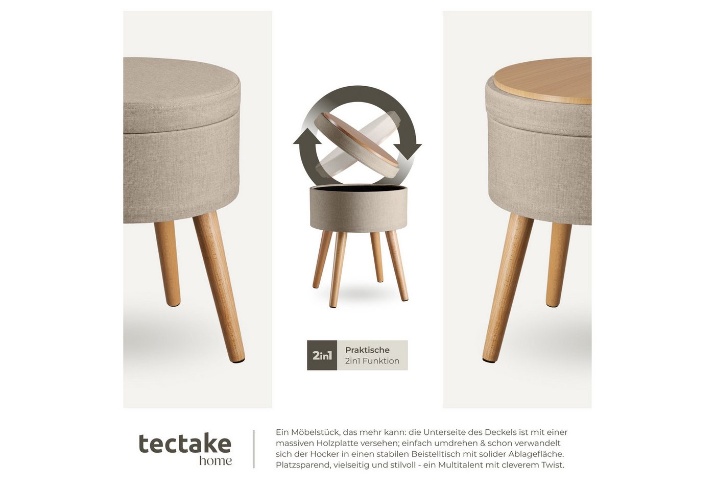 tectake Sitzhocker Hocker mit Stauraum in Leinenoptik, 42,5 x 42,5 x 45,5 cm (Gepolsterter Sitzhocker in Leinenoptik Yara, in Sand), rund, gepolstert, Belastbar – Bild 4 von 5