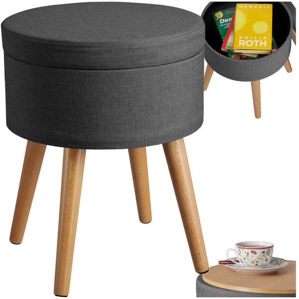 tectake Sitzhocker Hocker mit Stauraum in Leinenoptik, 42,5 x 42,5 x 45,5 cm (Gepolsterter Sitzhocker in Leinenoptik Yara, in dunkelgrau), rund, gepolstert, Bel