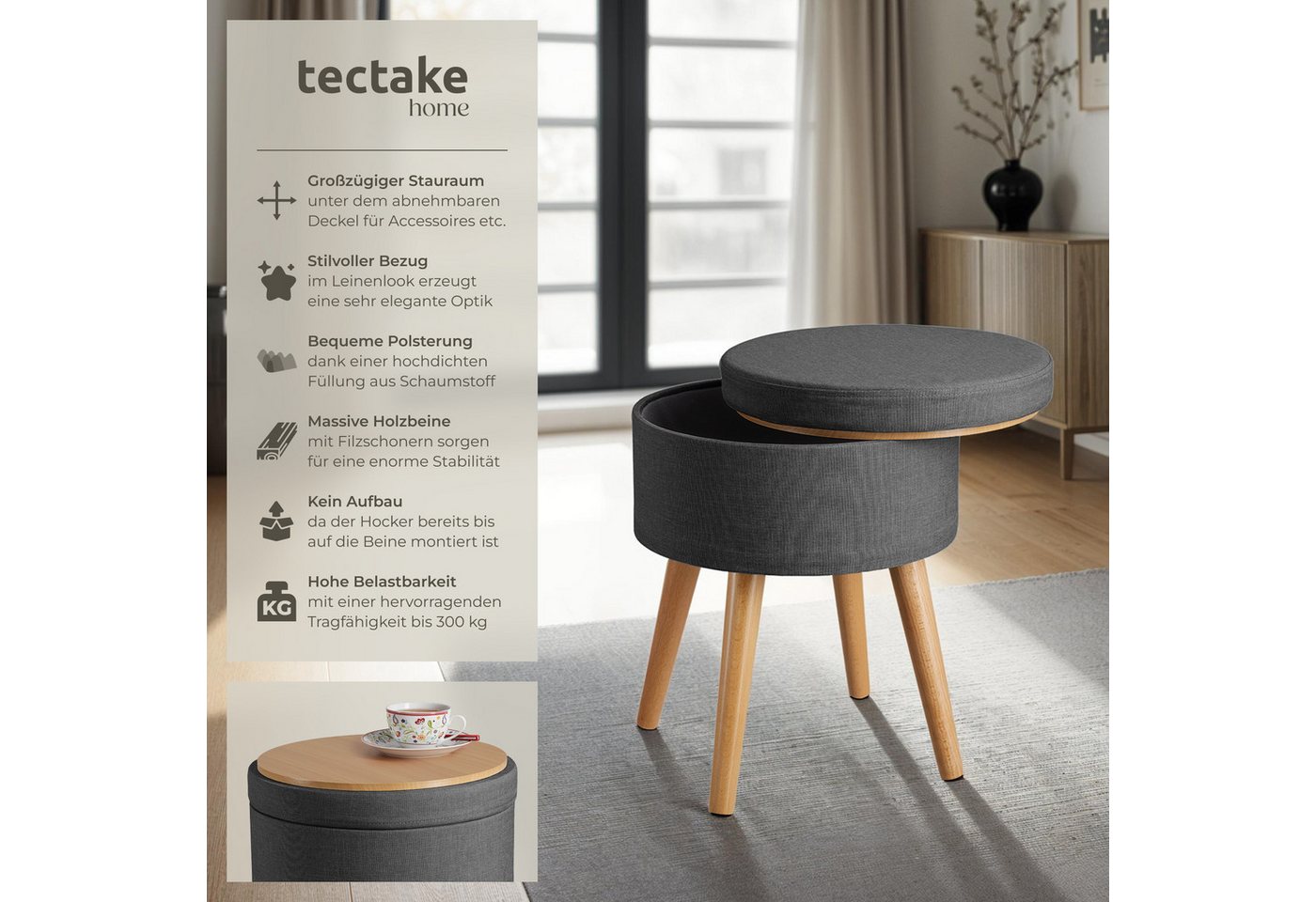 tectake Sitzhocker Hocker mit Stauraum in Leinenoptik, 42,5 x 42,5 x 45,5 cm (Gepolsterter Sitzhocker in Leinenoptik Yara, in dunkelgrau), rund, gepolstert, Bel – Bild 2 von 5