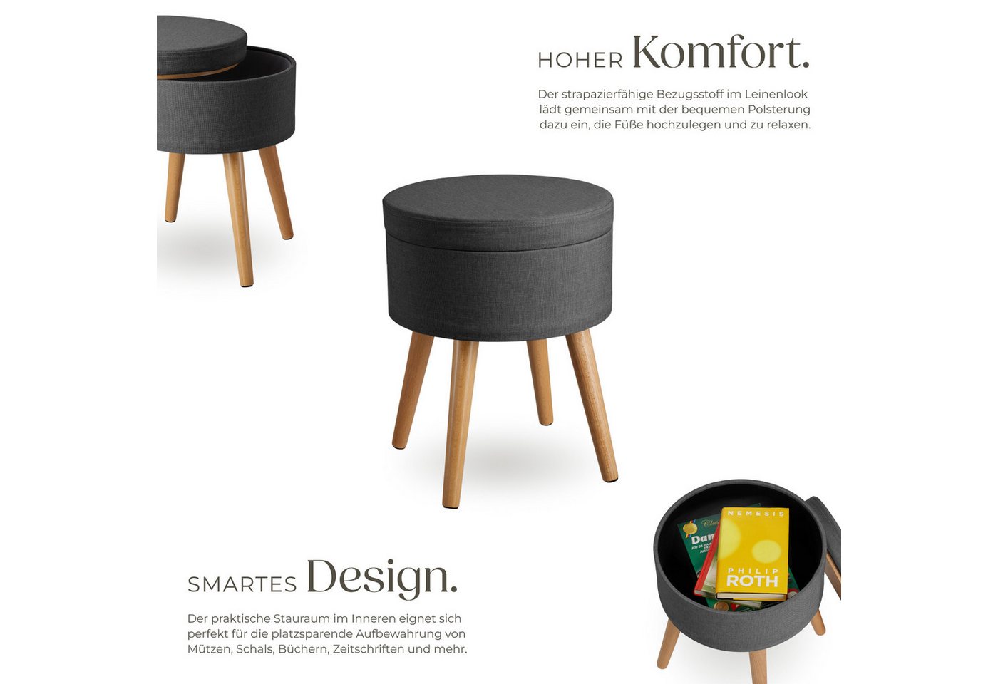 tectake Sitzhocker Hocker mit Stauraum in Leinenoptik, 42,5 x 42,5 x 45,5 cm (Gepolsterter Sitzhocker in Leinenoptik Yara, in dunkelgrau), rund, gepolstert, Bel – Bild 3 von 5