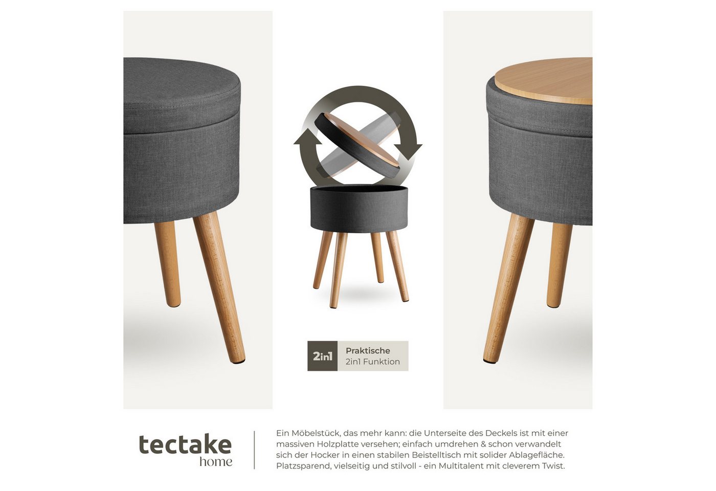 tectake Sitzhocker Hocker mit Stauraum in Leinenoptik, 42,5 x 42,5 x 45,5 cm (Gepolsterter Sitzhocker in Leinenoptik Yara, in dunkelgrau), rund, gepolstert, Bel – Bild 4 von 5
