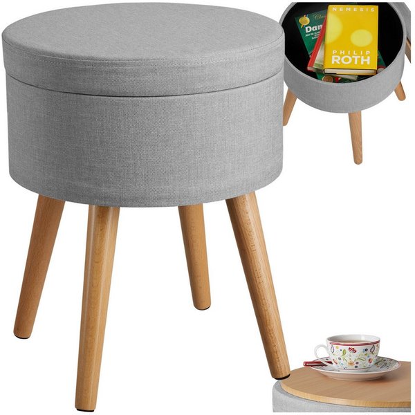 tectake Sitzhocker Hocker mit Stauraum in Leinenoptik, 42,5 x 42,5 x 45,5 cm (Gepolsterter Sitzhocker in Leinenoptik Yara, in hellgrau), rund, gepolstert, Belas