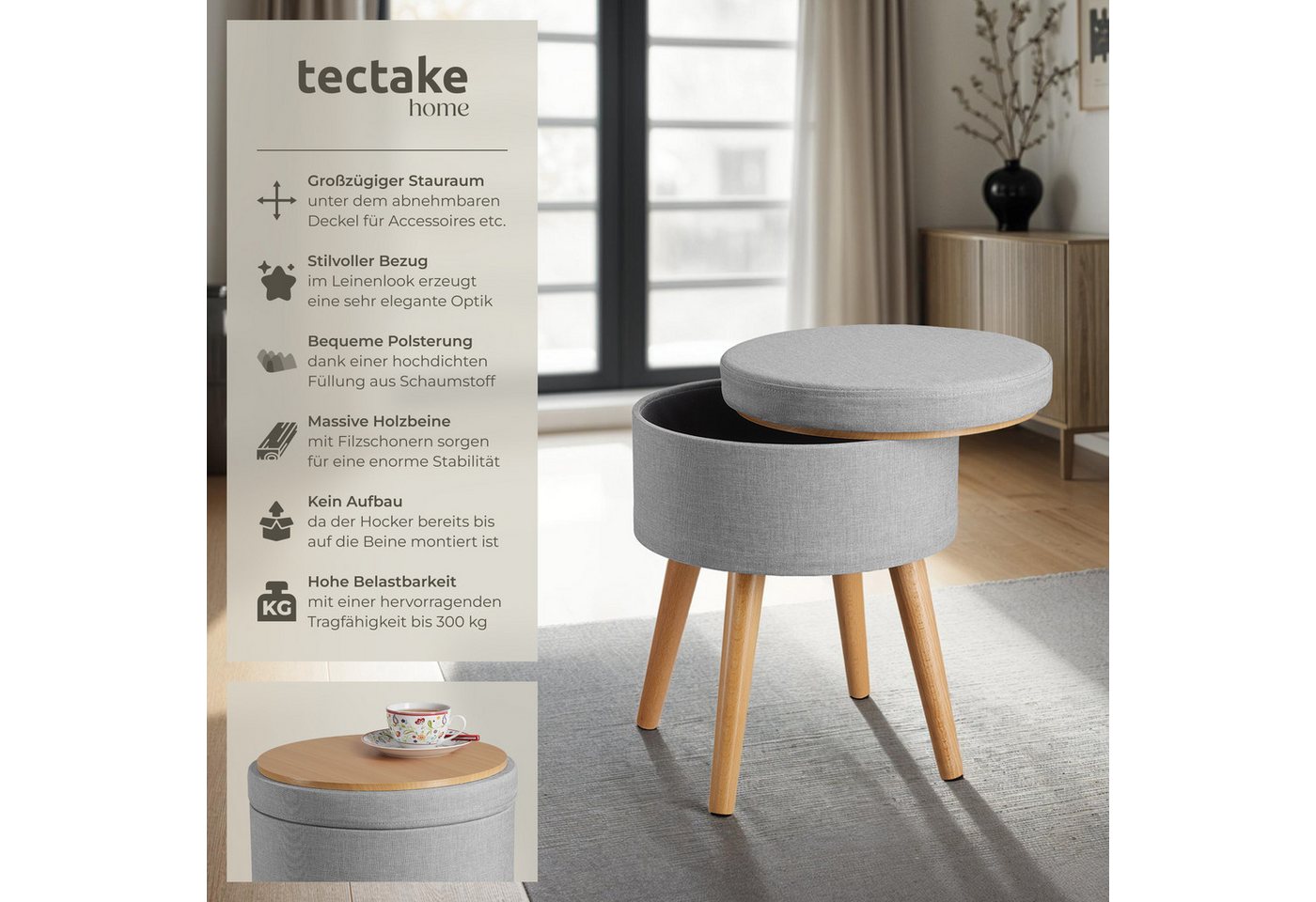 tectake Sitzhocker Hocker mit Stauraum in Leinenoptik, 42,5 x 42,5 x 45,5 cm (Gepolsterter Sitzhocker in Leinenoptik Yara, in hellgrau), rund, gepolstert, Belas – Bild 2 von 5