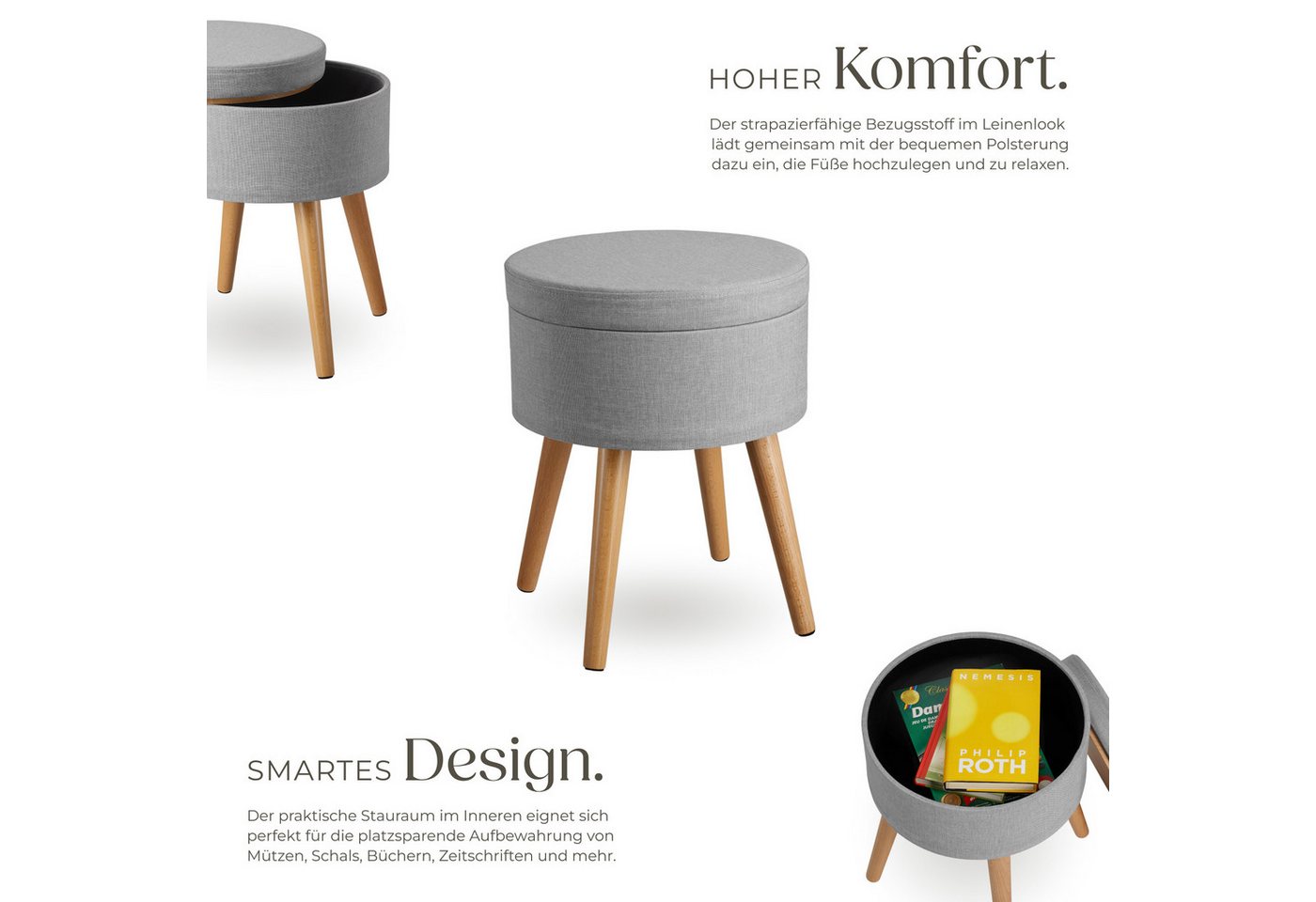 tectake Sitzhocker Hocker mit Stauraum in Leinenoptik, 42,5 x 42,5 x 45,5 cm (Gepolsterter Sitzhocker in Leinenoptik Yara, in hellgrau), rund, gepolstert, Belas – Bild 3 von 5