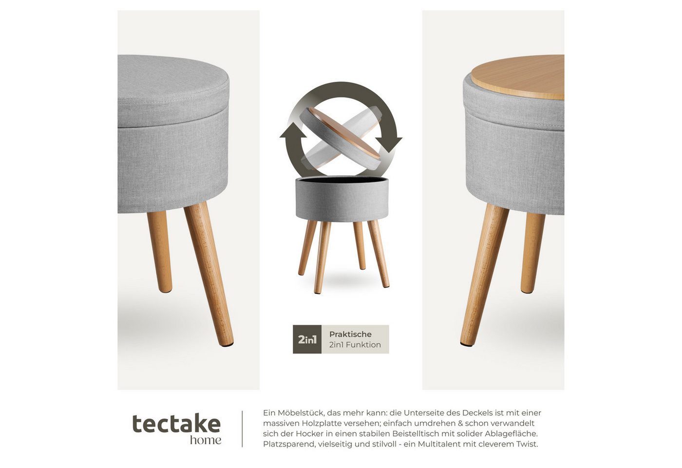 tectake Sitzhocker Hocker mit Stauraum in Leinenoptik, 42,5 x 42,5 x 45,5 cm (Gepolsterter Sitzhocker in Leinenoptik Yara, in hellgrau), rund, gepolstert, Belas – Bild 4 von 5