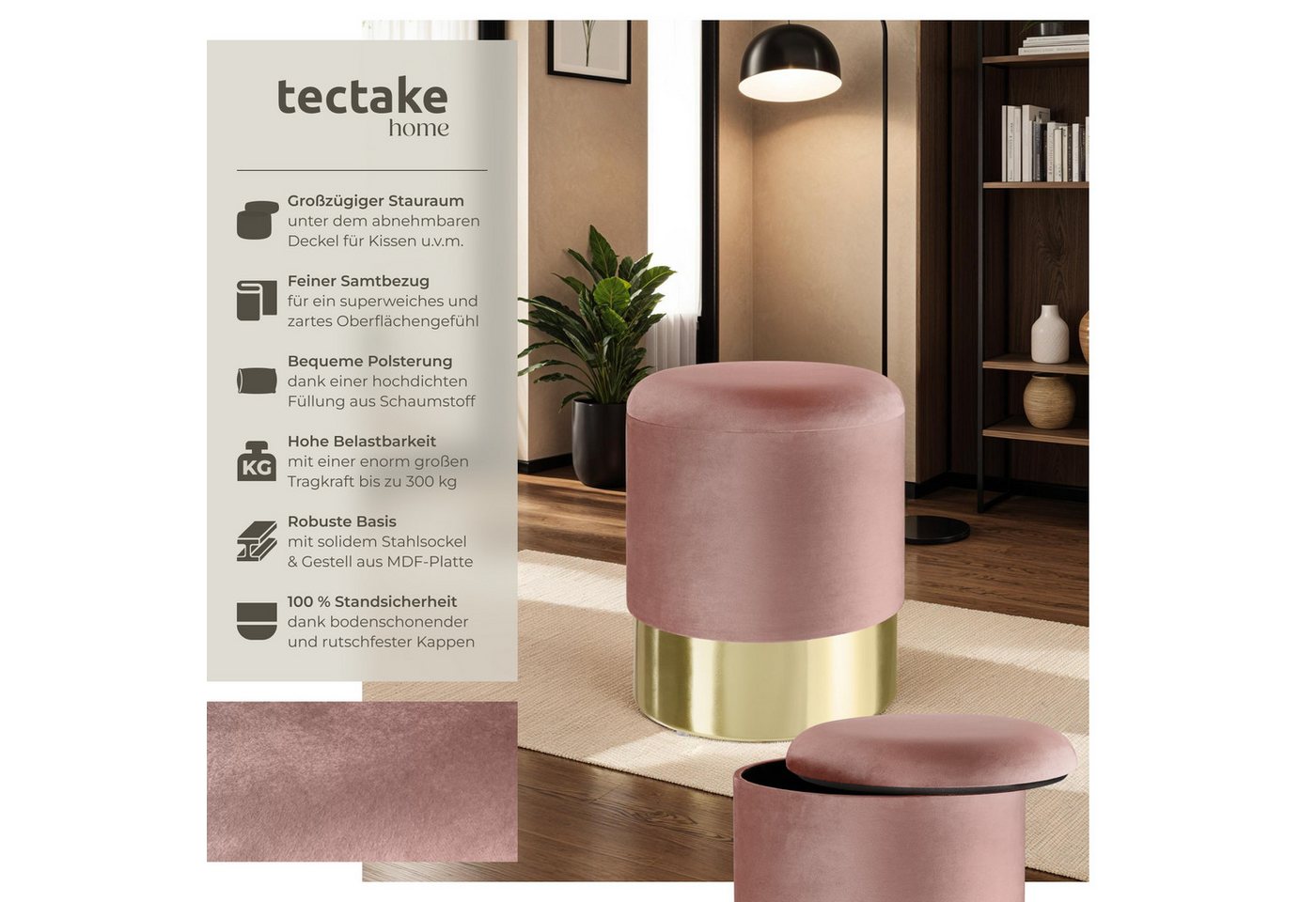 tectake Sitzhocker Hocker mit Stauraum in Samtoptik, 36 x 44,5 cm (Samthocker Sarina, in rosa), rund, gepolstert, Belastbarkeit 300 kg – Bild 2 von 5
