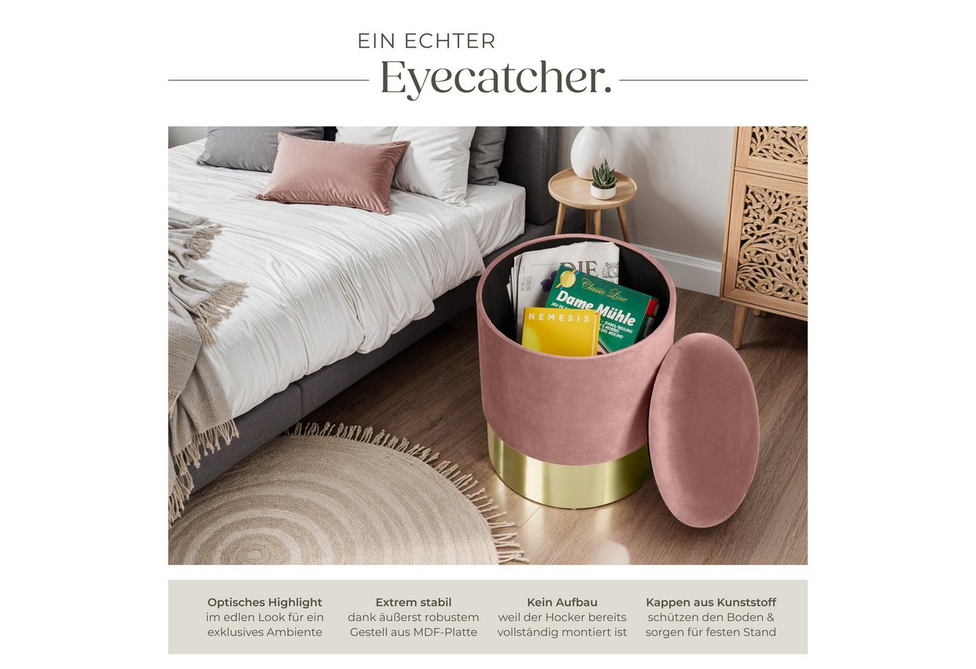 tectake Sitzhocker Hocker mit Stauraum in Samtoptik, 36 x 44,5 cm (Samthocker Sarina, in rosa), rund, gepolstert, Belastbarkeit 300 kg – Bild 3 von 5