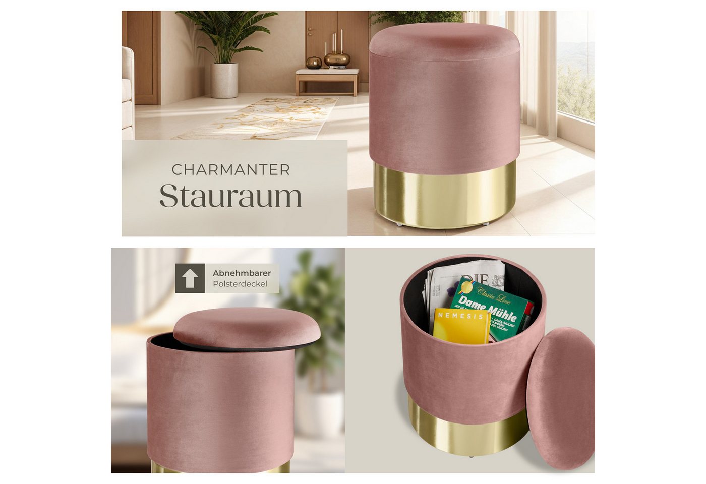 tectake Sitzhocker Hocker mit Stauraum in Samtoptik, 36 x 44,5 cm (Samthocker Sarina, in rosa), rund, gepolstert, Belastbarkeit 300 kg – Bild 5 von 5