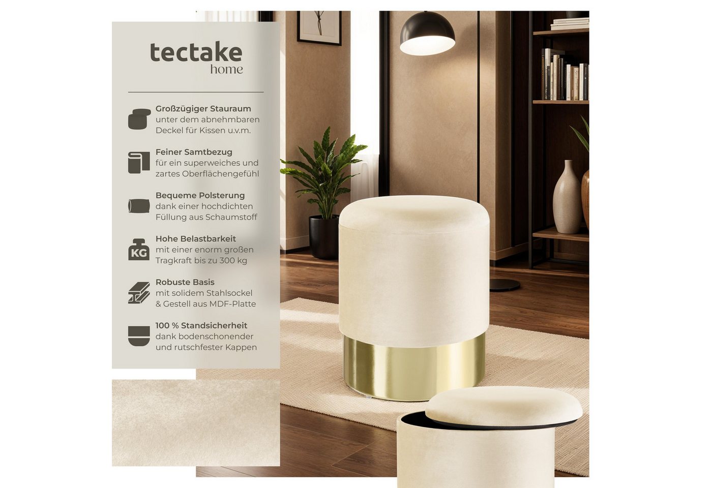 tectake Sitzhocker Hocker mit Stauraum in Samtoptik, 36 x 44,5 cm (Samthocker Sarina, in creme), rund, gepolstert, Belastbarkeit 300 kg – Bild 2 von 5