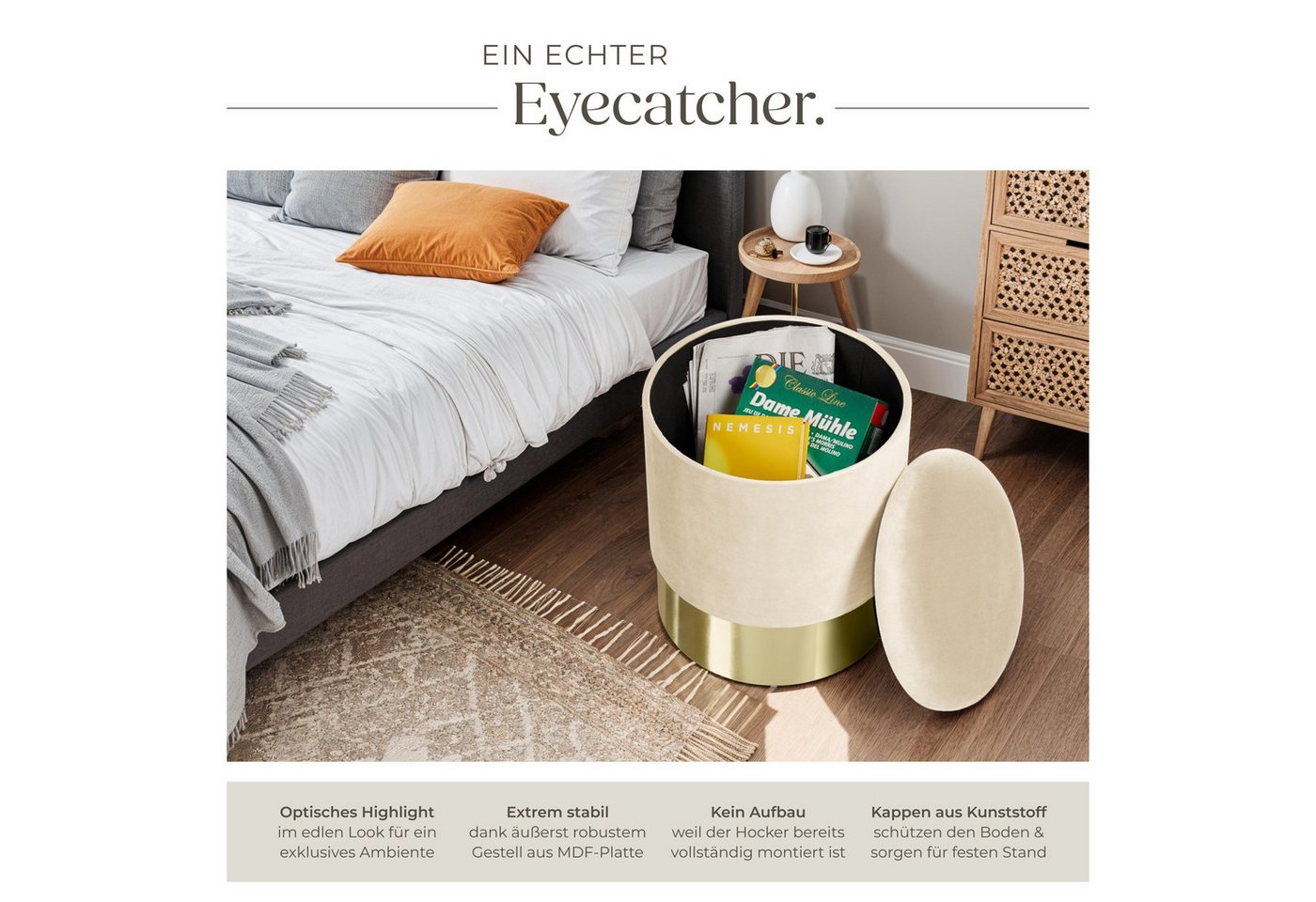 tectake Sitzhocker Hocker mit Stauraum in Samtoptik, 36 x 44,5 cm (Samthocker Sarina, in creme), rund, gepolstert, Belastbarkeit 300 kg – Bild 3 von 5