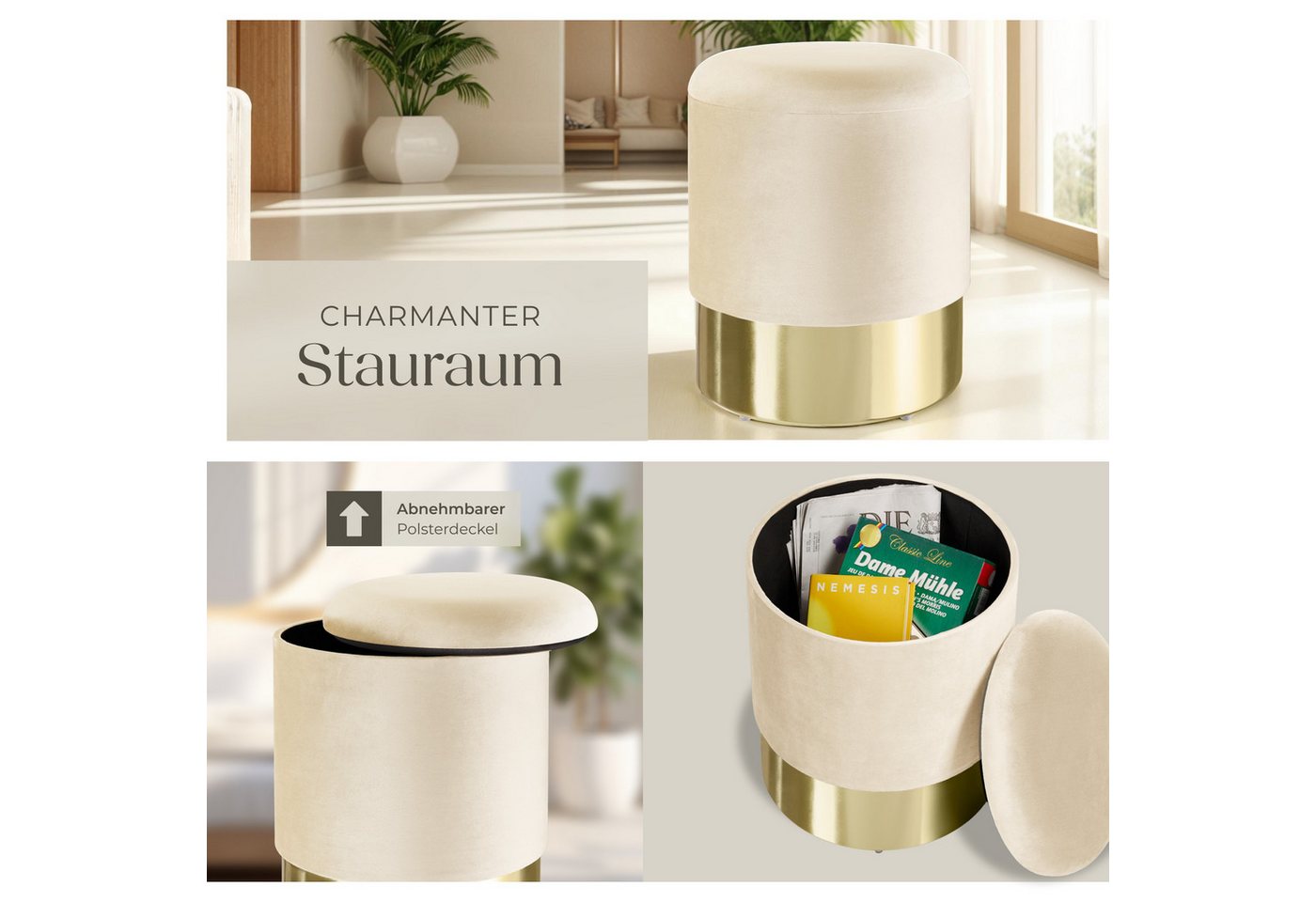 tectake Sitzhocker Hocker mit Stauraum in Samtoptik, 36 x 44,5 cm (Samthocker Sarina, in creme), rund, gepolstert, Belastbarkeit 300 kg – Bild 5 von 5