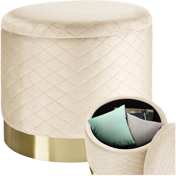 tectake Sitzhocker Hocker mit Stauraum in Samtoptik mit Steppmuster, 51 x 44,5 cm (Pouf Coco, in creme), rund, gepolstert, Belastbarkeit 300 kg
