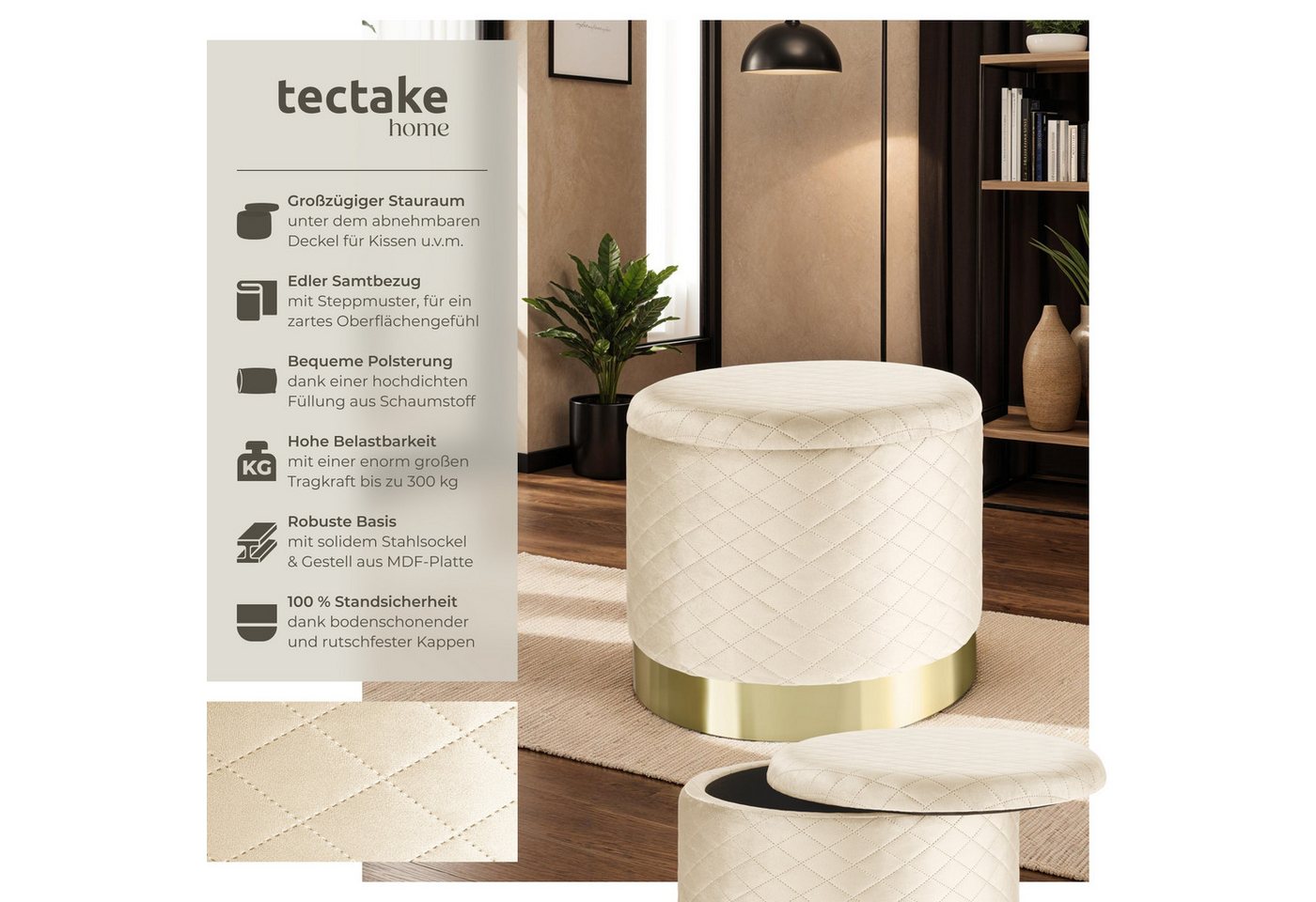 tectake Sitzhocker Hocker mit Stauraum in Samtoptik mit Steppmuster, 51 x 44,5 cm (Pouf Coco, in creme), rund, gepolstert, Belastbarkeit 300 kg – Bild 2 von 5