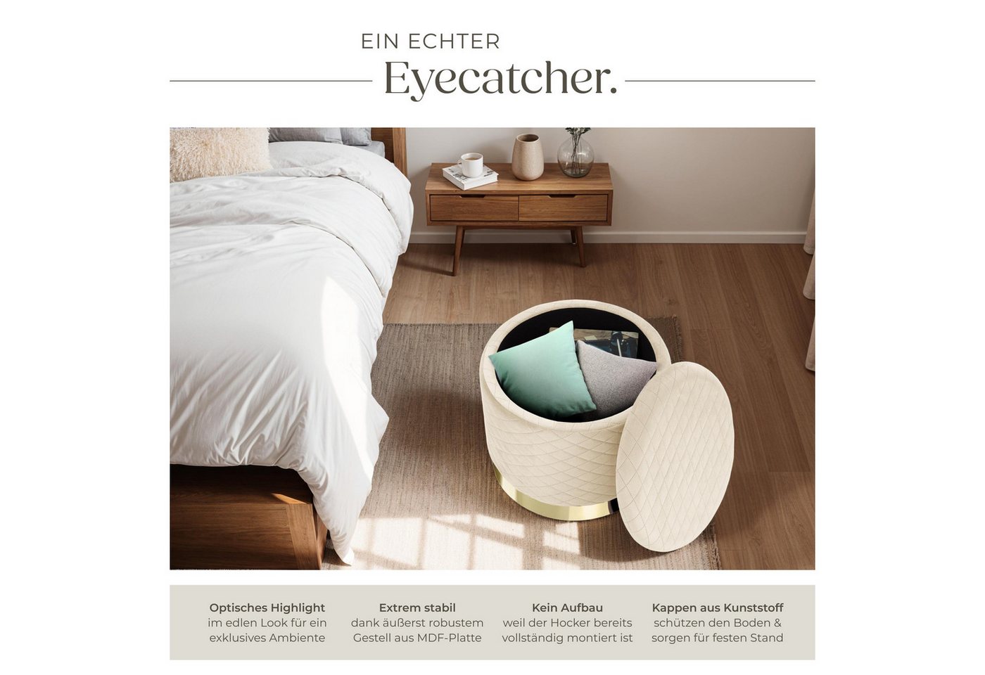 tectake Sitzhocker Hocker mit Stauraum in Samtoptik mit Steppmuster, 51 x 44,5 cm (Pouf Coco, in creme), rund, gepolstert, Belastbarkeit 300 kg – Bild 3 von 5