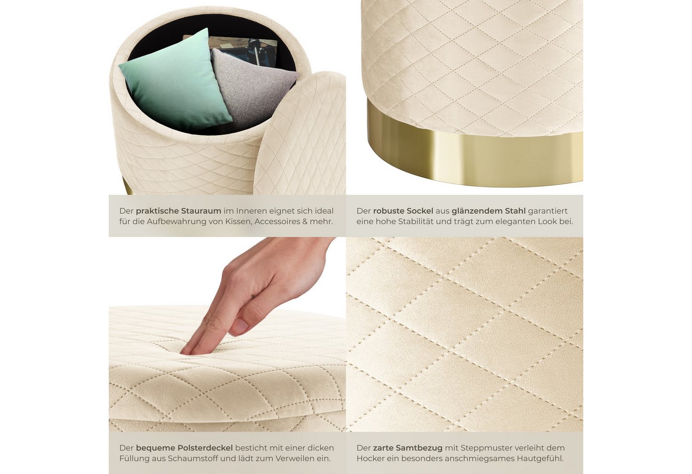 tectake Sitzhocker Hocker mit Stauraum in Samtoptik mit Steppmuster, 51 x 44,5 cm (Pouf Coco, in creme), rund, gepolstert, Belastbarkeit 300 kg – Bild 4 von 5
