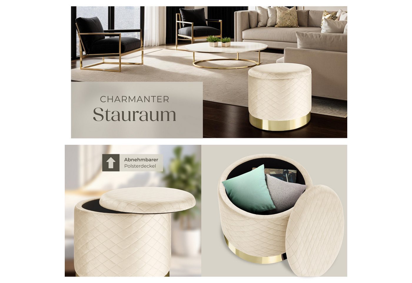 tectake Sitzhocker Hocker mit Stauraum in Samtoptik mit Steppmuster, 51 x 44,5 cm (Pouf Coco, in creme), rund, gepolstert, Belastbarkeit 300 kg – Bild 5 von 5