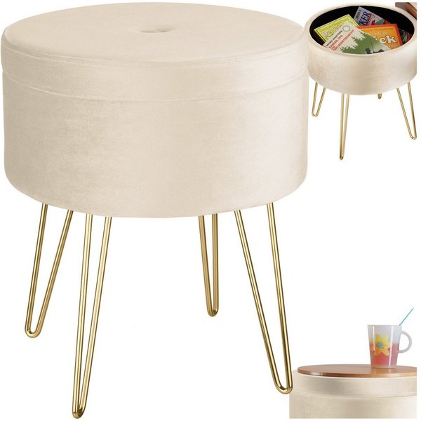 tectake Sitzhocker Hocker mit Stauraum in Samtoptik, 37,5 x 44,5 cm (Samthocker Ava, in creme), rund, gepolstert, Belastbarkeit 300 kg