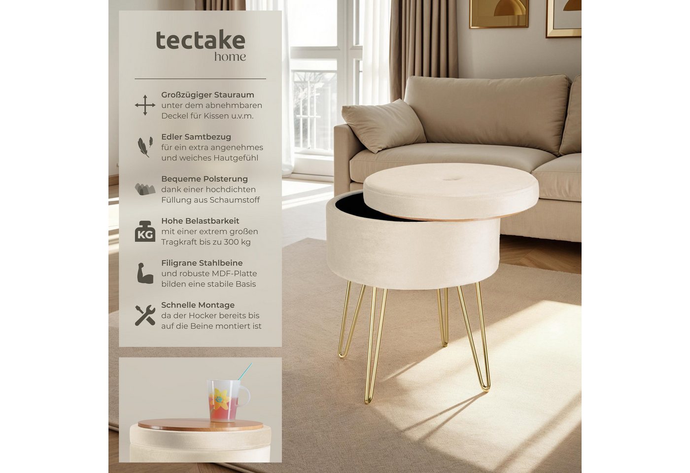 tectake Sitzhocker Hocker mit Stauraum in Samtoptik, 37,5 x 44,5 cm (Samthocker Ava, in creme), rund, gepolstert, Belastbarkeit 300 kg – Bild 2 von 5