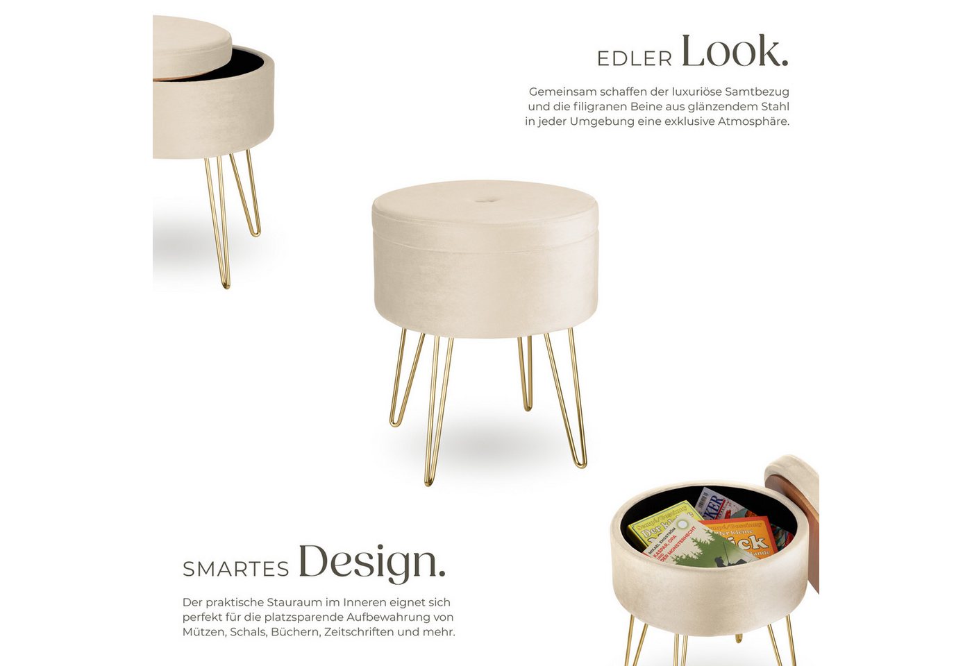 tectake Sitzhocker Hocker mit Stauraum in Samtoptik, 37,5 x 44,5 cm (Samthocker Ava, in creme), rund, gepolstert, Belastbarkeit 300 kg – Bild 3 von 5