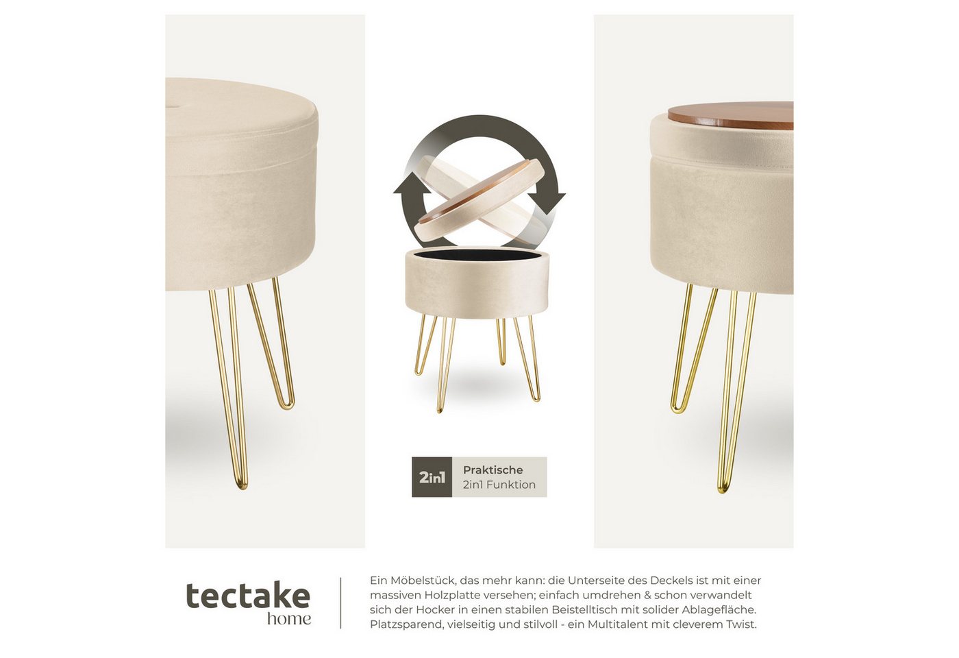tectake Sitzhocker Hocker mit Stauraum in Samtoptik, 37,5 x 44,5 cm (Samthocker Ava, in creme), rund, gepolstert, Belastbarkeit 300 kg – Bild 4 von 5